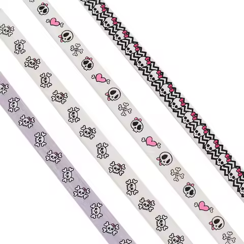 5/8'' 15mm Halloween Cute Skull Printed FOE Band Fold Over Elastic Ribbon For Halloween Decoration D