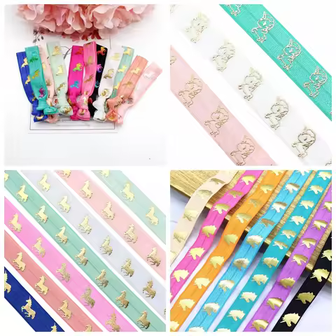 5/8" Gold Silver Rainbow foil Unicorn FOE Webbing fold over elastic Bands for Garment DIY hair ties 