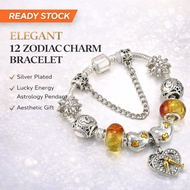 Elegant 12 Zodiac Charm Bracelet Silver Plated Lucky Energy Astrology Pendant Gelang Tangan Aestheti