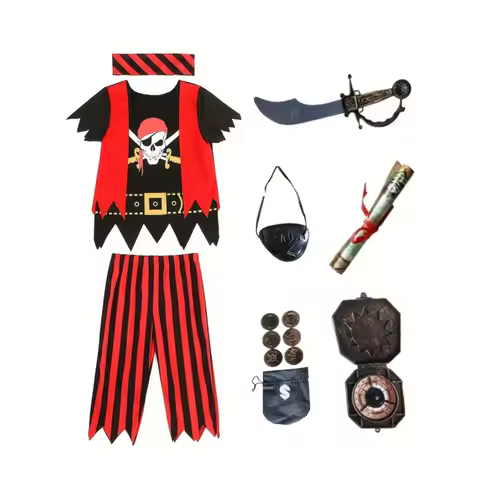 Boys 5pc Halloween Party Pirate Style Clothing Set with Accessories, Including Shirt, Pants, Eye Pat