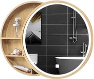 LED Bathroom Mirror Cabinet with Touch Switch Round Wooden Wall Mirror Modern Decorative 3-Layer Shelves Vanity Mirror Cupboard Storage Organizer Space Saver
