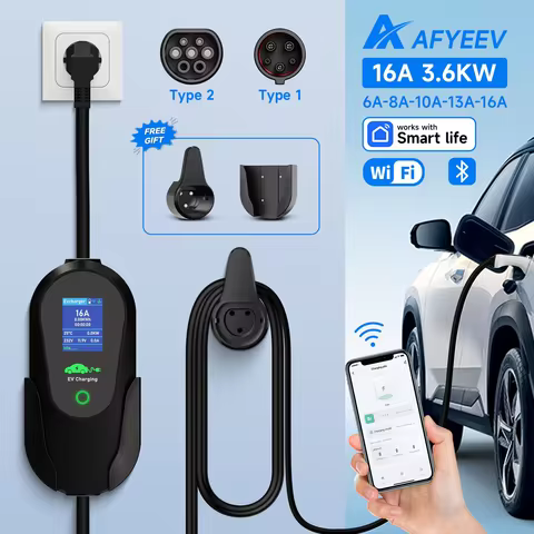 AFYEEV 3600W Portable Type 2 IEC62196-2 EV Charger Type1 SAE J1772 Electric Car Charger EU Plug WiFi