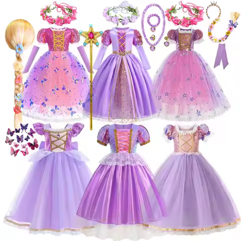 Disney Rapunzel Short Sleeve Purple Puffy Dress + Accessories Girls Cosplay Rapunzel Summer Casual D