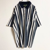 古著圓桌騎士短袖 Polo 衫，條紋，超大，XXL 碼