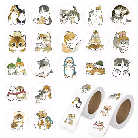 500pcs Watercolor Cat Roll Sticker Round Package Labels Fun Sealing Dot Stickers Cartoon Color Stick