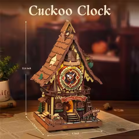 Wooden Cuckoo Clock 3D Puzzle Kit, Functional Mechanical Clock with Light & Sound, DIY Craft Home De