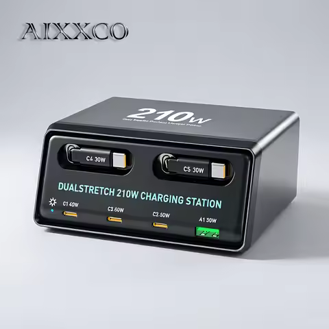 AIXXCO 210W Fast Charging Station Dual Built-in Cables USB-C Multi-Port USB Charger with Type-C 30W 