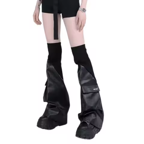 Punk Elastic Cuffs Leg Cover PU Leather Gothic Leg Warmers Rock Punk Harajuku Long Knee High Socks w
