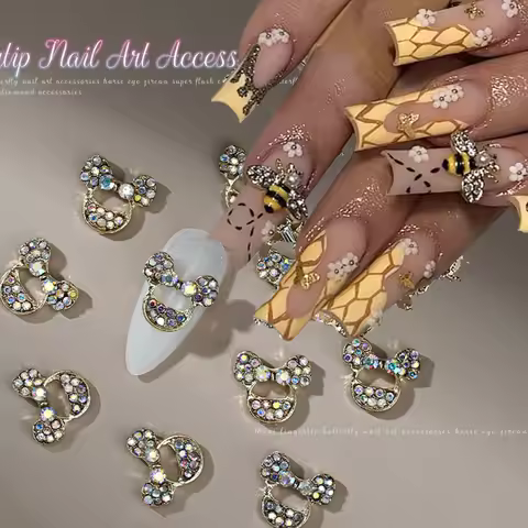 10Pcs 3D Full Diamond Luxury Mickey Head Nail Charms With Shinying Mini Clear/Colorful Diamond DIY M