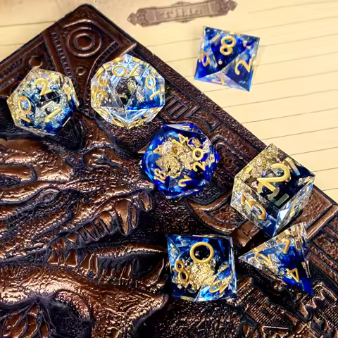 "DnD Dice Set 7-Piece Resin Polyhedral Dice, Light Blue with Gold Numbers for Dungeons and Dragons,