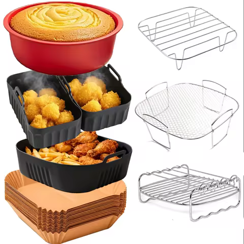 Square Silicone Air Fryer Mold, Round Cake Mold, 20cm Air Fryer Baking Paper and Grill Rack Air Frye