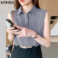 เสื้อแฟชั่นสำหรับผู้หญิง VONDA ปกเสื้อเสื้ิอแขนกุดลายทางเสื้อติดกระดุม (ลายดอกไม้เกาหลี)