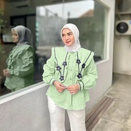 Vallina Outfit - Fara Top Blouse Atasan Muslim Matt Katun Salur Mix Renda Import Premium OOTD Korean