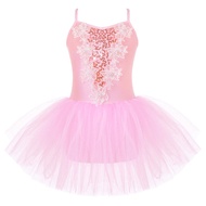 Kids Girls Ballet Dance Dress Mesh Tutu Gymnastics Leotard Sleeveless Shiny Sequins Rhinestone Floral Performance Dancewear
