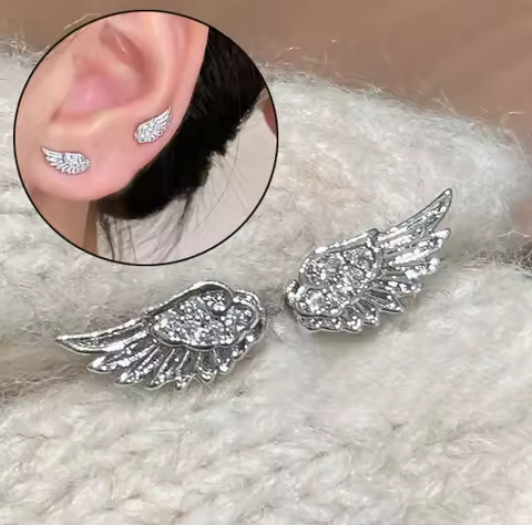 Fashion Zircon Wing Stud Earrings for Women Luxury Shiny Crystal Creative Angel Wings Cross Silver C
