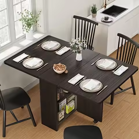 FoldingTable, Drop Leaf Dining Table with 6 Wheels and 2-Layer Storage Shelf, Space Saving Table for