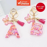 Stylish Pink Alphabet Keychain - Heart Shimmering Butterfly Tassel Crystal Epoxy Pendant for Couples