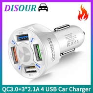 DISOUR Phone Car Charger QC3.0+3*2.1A 4 Ports USB Fast Charging LED Display Voltage Detection Lighter Slot Adapter Socket Splitter 12-32V Truck Universal