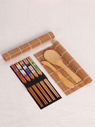 壽司工具套裝（五對筷子+兩片炭烤壽司席+竹刀+竹飯匙）製作自日本小卷、海苔飯和蔬菜卷便當工具套裝