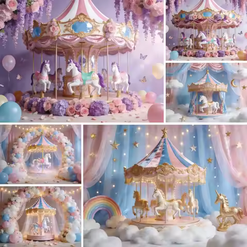 Fantasy Carousel Photography Backdrop Pink Purple Flower Balloon Curtains Baby Shower Girl Birthday 