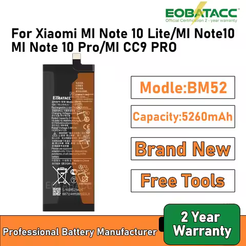 2025 Years EOBATACC 100% New BM52 Battery For Xiaomi Note 10 Lite/ Note10/Note 10 Pro/CC9 PRO 5260mA