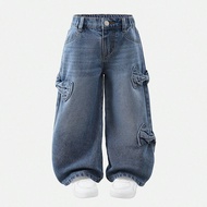 Girls' Loose Fit Jeans With Bow Decor, Comfortable Cotton, Casual For Everyday, Party, Travel, Back 