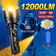 🔥Local Delivery🚚 12000LM Diving Flashlight Yellow Light Super Bright XHP90 Dive Torch Rechargeable 1