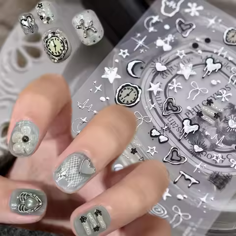 1Pc 5D Metal Silver Melted Heart Star Nail Sticker Y2K Punk Relief Bowknot Manicure Decal 8*10cm Adh