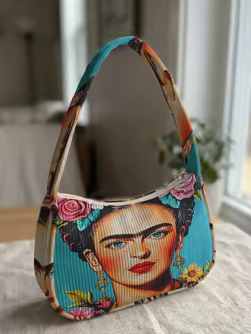 Trendy Frida Kahlo Print Shoulder Bag, Corduroy Underarm Bag for Daily Casual Use