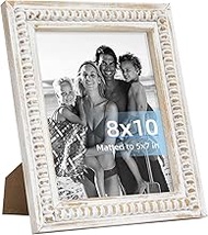 8x10 Picture Frame with Mat, Whitewashed Tabletop Farmhouse Picture Frame with Beaded Edge & Easel B