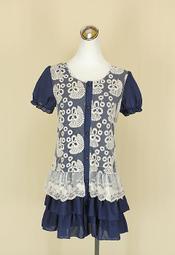 貞新二手衣 earth 日本 靛藍雕花圓領短袖蕾絲棉質洋裝F號(17173)