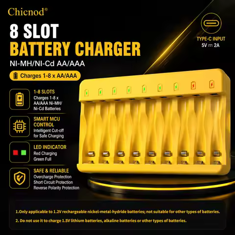 Chicnod N805 AA AAA Ni-MH Ni-Cd Battery Charger 8 Slot LED Indicator USB Type-C Smart Charger for Re