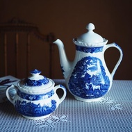 復古 英國老牌 Adams 經典藍白圖案 茶壺 + 糖罐 套裝