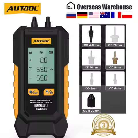 AUTOOL PT503 Digital Manometer Differential Pressure Gauge With 7Pcs Adapters HVAC Gas & Air Pressur