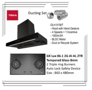 Teka DLH 9158T Wall Mounted Glass Panel Hood (1850m3/h) + GK Lux 86 1.2G AI AL 2TR Built In Hob