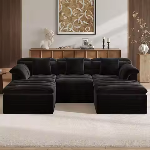 111.8" Modular Sofa w/ Ottoman, Boneless Cloud Couch Deep Seat, Comfy U-Shape Corduroy Couches Livin