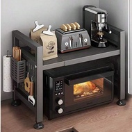 1pc Expandable Metal Microwave Rack With 6 Hooks - Sturdy Carbon Steel Kitchen Countertop Organizer,