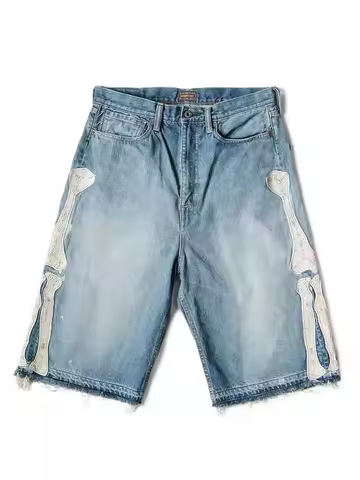 Trend KAPITAL Y2K Bone Embroidery Five-point Jeans Men's Loose Straight Pants Washed Blue Jeans Summ