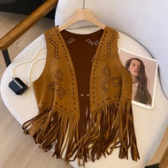 denim jacket woman denim vest woman Bohemian Suede Hollow Tassel Vest for Women - Stylish Outerwear