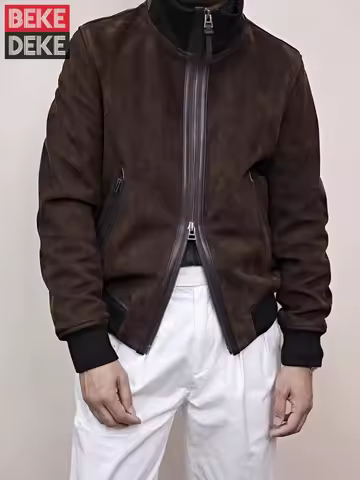 Mens Genuine Leather Jacket Stand Collar Natural Real Suede Zip Bomber Jacket Fashion Autumn Motorcy