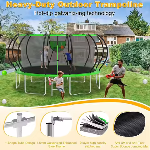 Heavy Duty Outdoor Trampoline,Safety Net & Light & Sprinkler,for Backyard,1500LBS 10-16FT, Custom