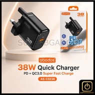 abodos 38W Fast Charging Plug Adapter | Dual Port USB-C & USB-A Charger for Phone Tablet Device