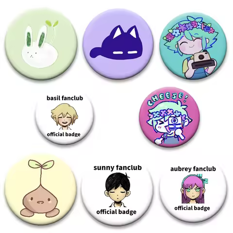 Round Cartoon Pins Omori Sunny,Mewo,Aubrey,Mari,Basil Anime Brooches Backpack Decoration 58mm Exquis
