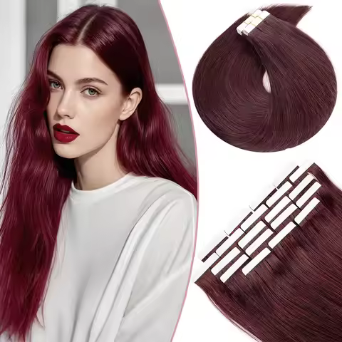 100% Human Hair Tape in Extensions Natural Color #99J Burgundy PU Skin Weft Straight Seamless Tape I