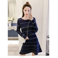 Women's Suit Imported Knitted Skirt & Blouse Long Sleeve Black & Navy 32063
