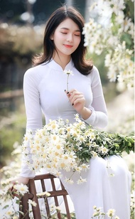 Áo dài trắng nữ học sinh cấp 3 chụp hình kỉ yếu truyền thống may sẵn lụa habutai cao cấp