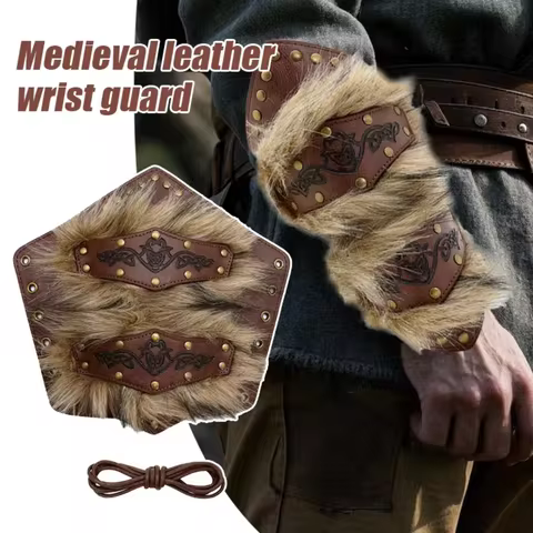 1/2pcs Viking Leather Bracer with Faux Fur for Cosplayers, Larpers, Cosplay, Halloween