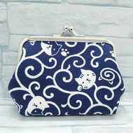 Handmade Kiss-Lock Pouch - Karakusa Cat - Navy - Dobby Weave - Japanese Pattern