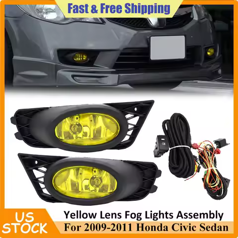 Pair For Honda Civic Sedan 2009-2011 Yellow Lens Fog Light Lamp W/ Bulb + Wiring