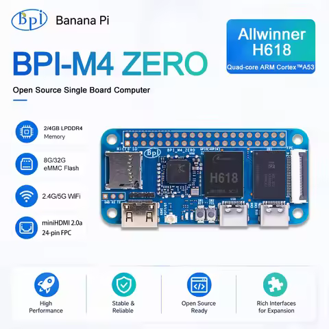 Banana Pi BPI-M4 ZERO Allwinner H618 Quad-core ARM Cortex™-A53 Processor 2.4G/5G WIFI 4G LPDDR4 32G 